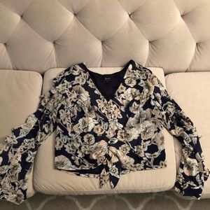 Bardot navy print ruffle top- small
